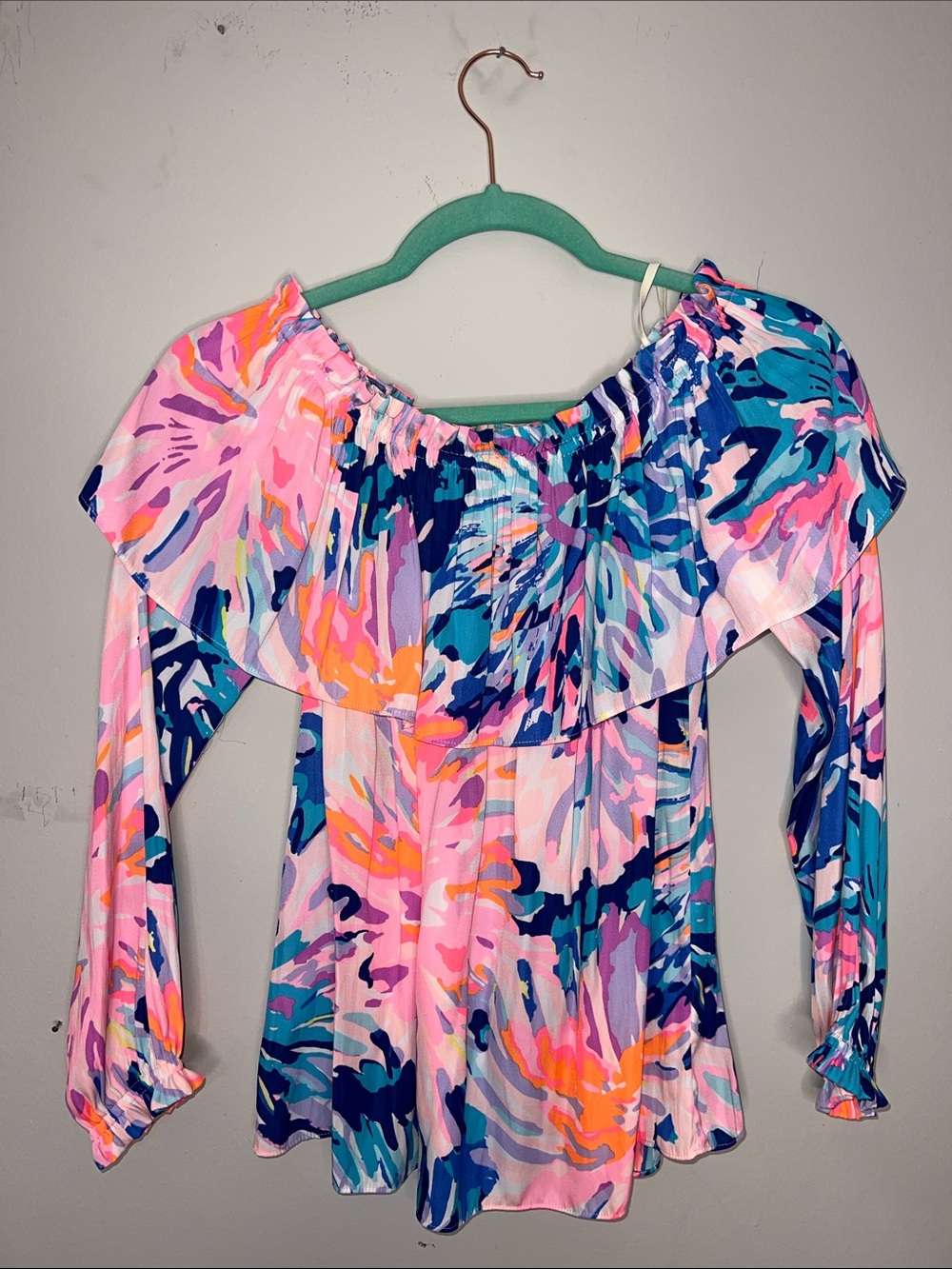 Lilly Pulitzer Dee off the shoulder long sleeve ruffle top in “Off Tropic”